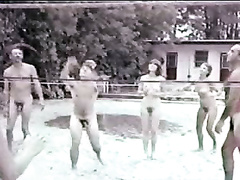Retro video of volleyball game at a nudist camp