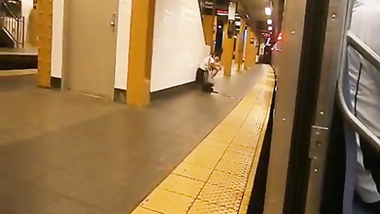 Sleepy damsel makes a giant puddle in the subway