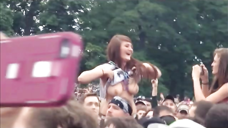 Foxy chicks enjoy flashing the rock concert audiences with tits and get groped by strangers