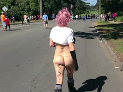 Naked German girl walks down the busy public street