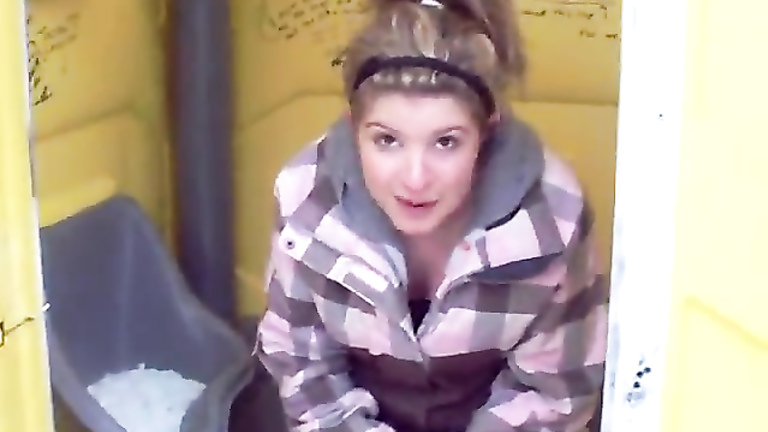 Friends prank cute chick in the porta potty