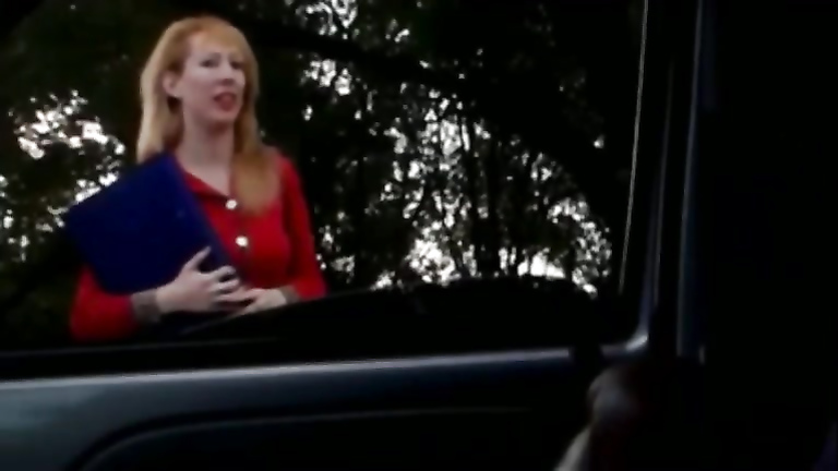 Cute ginger lady watches him jerk off in the car